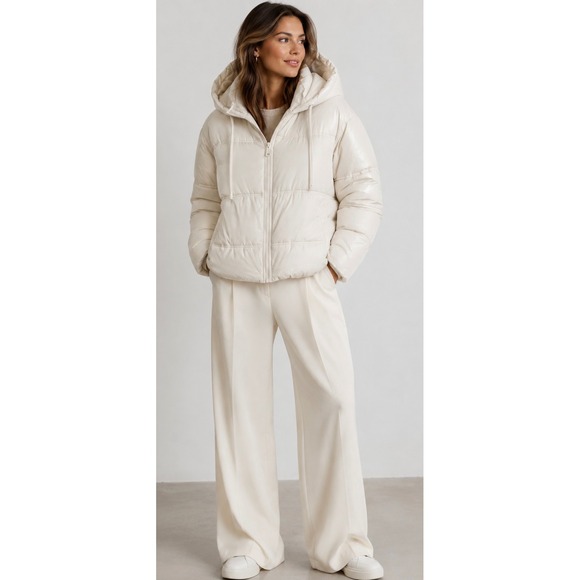 Zara Jackets & Blazers - Zara Cream Ivory  Puffer Coat  Hooded Crop Jacket Anorak Size Large